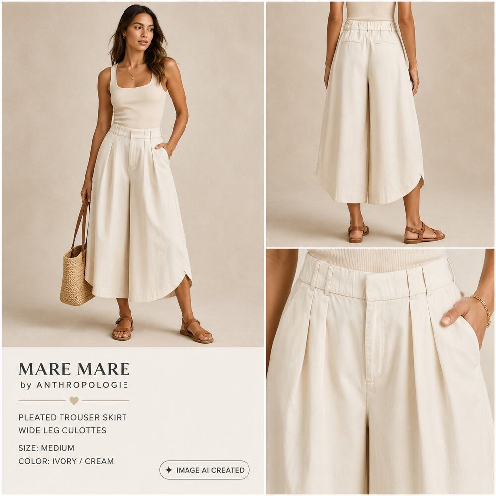 Mare by Anthropologie Wide Leg Culotte Cotton Pants Ivory Women's M High Rise